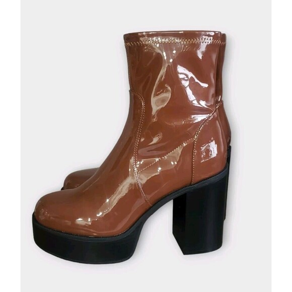 Madden Girl Ankle Boots Women's 9.5 M Cognac Patent Rain Platform Y2K New - Picture 1 of 9